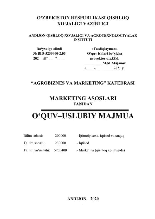 Marketing asoslari fanidan tayyorlangan oʻquv-uslubiy majmua