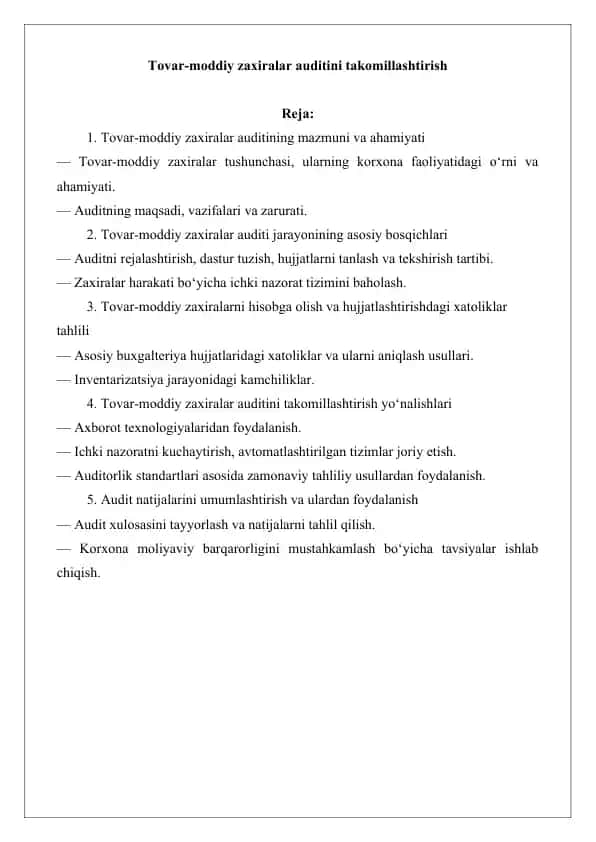 Tovar-moddiy zaxiralar auditini takomillashtirish