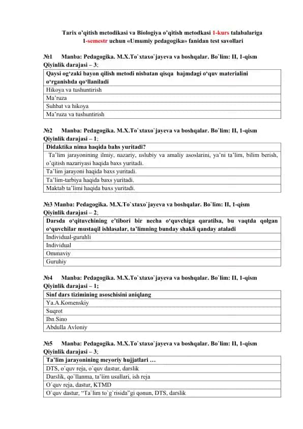 Tarix o’qitish metodikasi va Biologiya o’qitish metodkasi 1-kurs talabalariga 1-semestr uchun «Umumiy pedagogika» fanidan test savollari