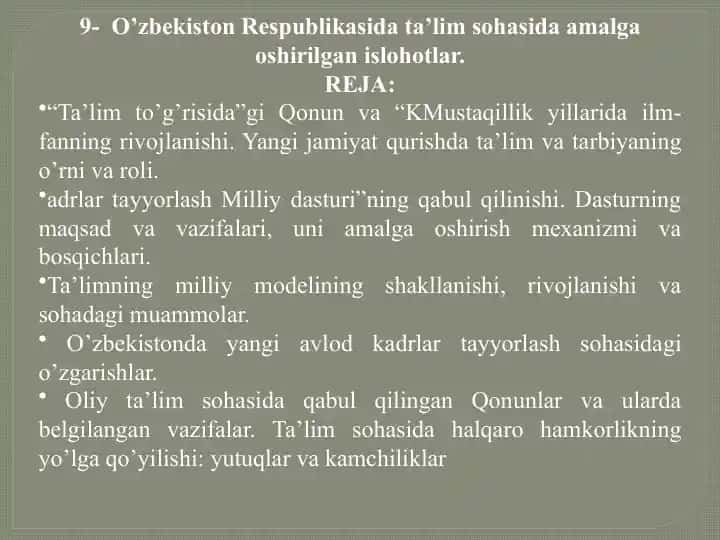 Ta’lim sohasidagi islohotlar O’zbekistonda