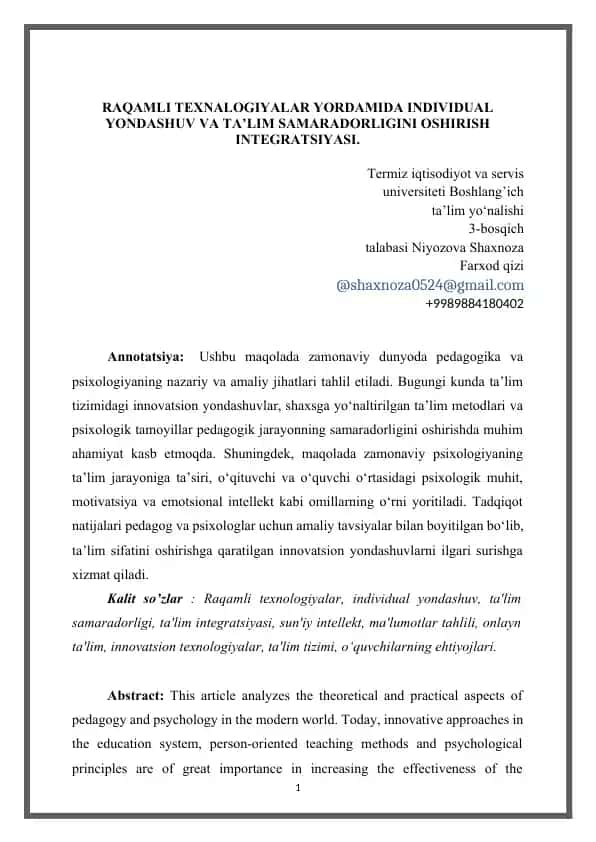 Zamonaviy Pedagogika va Psixologiya