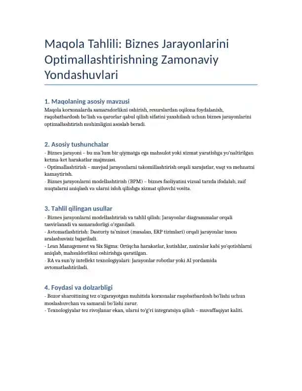 Biznes Jarayonlarini Optimallashtirishning Zamonaviy Yondashuvlari