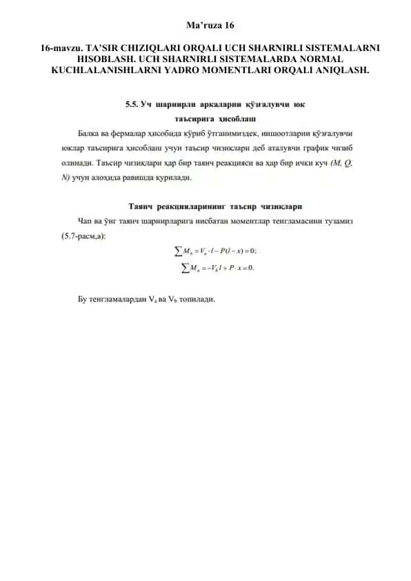 Ta’sir chiziqlari orqali uch sharnirli sistemalarni hisoblash