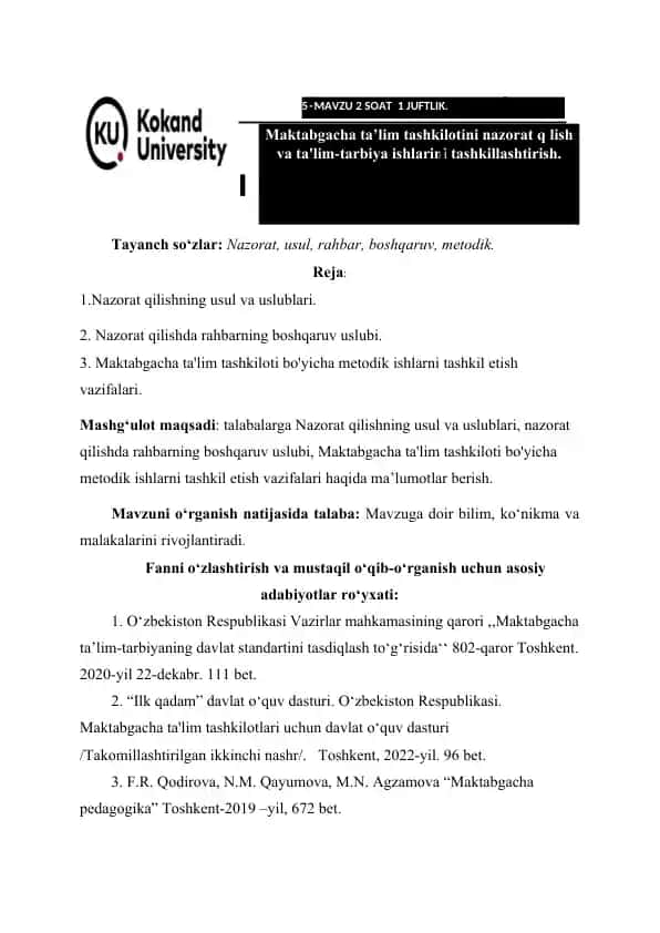 Nazorat qilish va ta'lim-tarbiya ishlarini tashkillashtirish