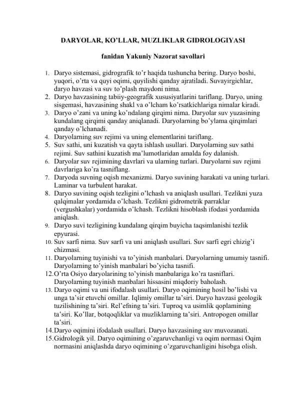 DARYOLAR, KO’LLAR, MUZLIKLAR GIDROLOGIYASI