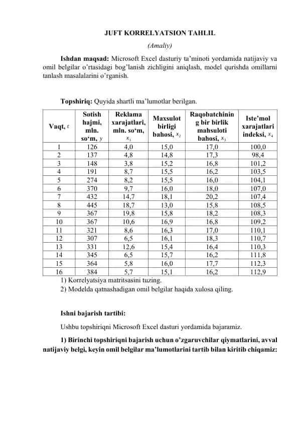 JUFT KORRELYATSION TAHLIL (Amaliy)