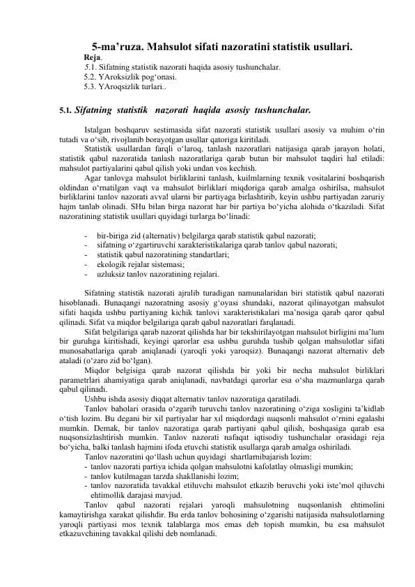 Sifatning statistik nazorati usullari