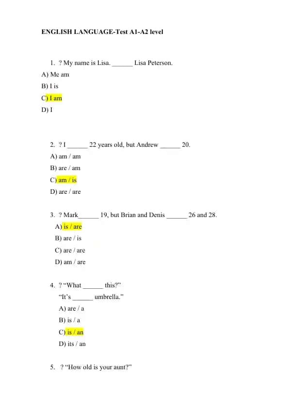 ENGLISH LANGUAGE Test A1-A2 level