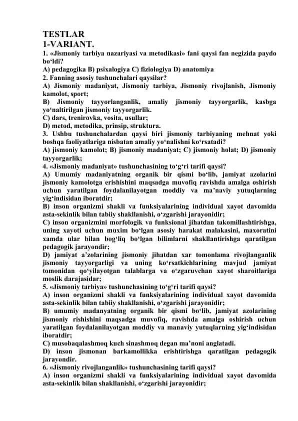 Jismoniy tarbiya nazariyasi va metodikasi testlar