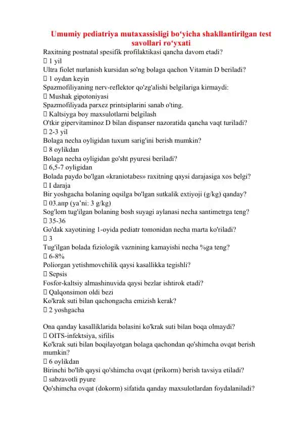 Umumiy pediatriya mutaxassisligi bo‘yicha test savollari