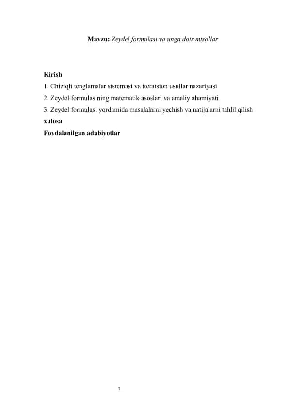 Zeydel formulasi va unga doir misollar mustaqil ish