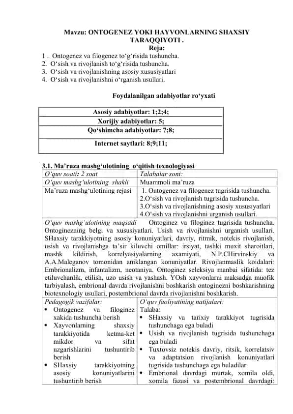 ONTOGENEZ YOKI HAYVONLARNING SHAXSIY TARAQQIYOTI
