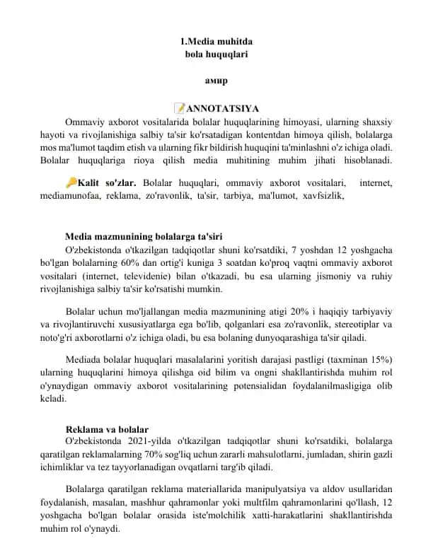 Bolalar huquqlari va media muhit