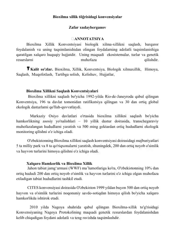 Bioxilma Xillikni Saqlash Konventsiyalari