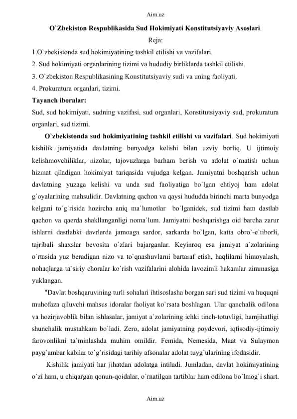 О`Zbekiston Respublikasida Sud Hokimiyati Konstitutsiyaviy Asoslari