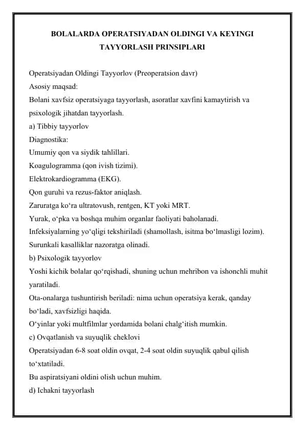 Bolalarda Operatsiyadan Oldingi va Keyingi Tayyorlash Prinsiplari