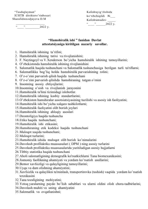 Hamshiralik ishining muhtasari