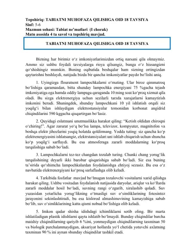 TABIATNI MUHOFAZA QILISHGA OID 18 TAVSIYA
