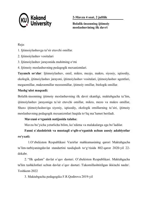 Bolalik-insonga ijtimoiy moslashuvning ilk davri