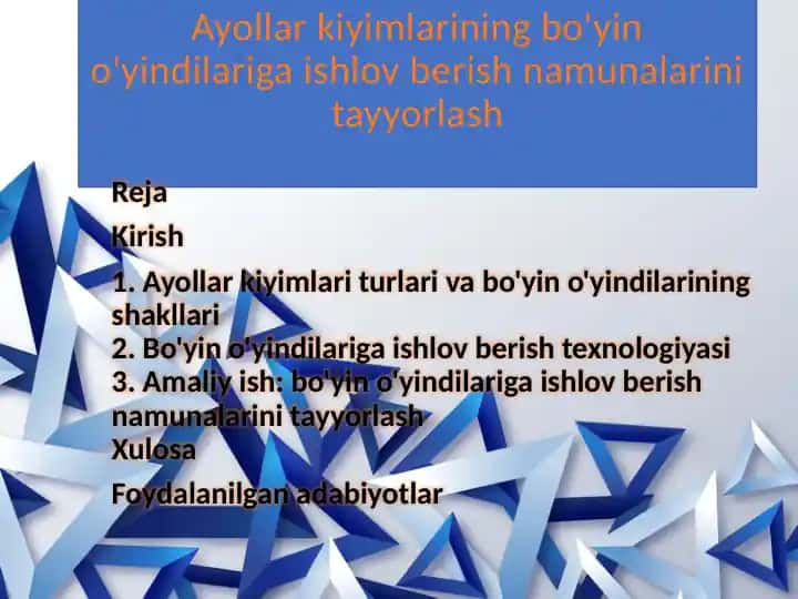 Ayollarkiyimlarining bo'yino'yindilariga ishlov berish namunalarini tayyorlash