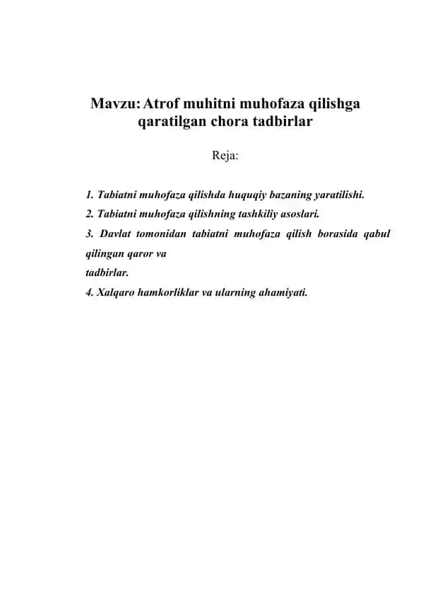 Tabiatni muhofaza qilishga qaratilgan chora tadbirlar