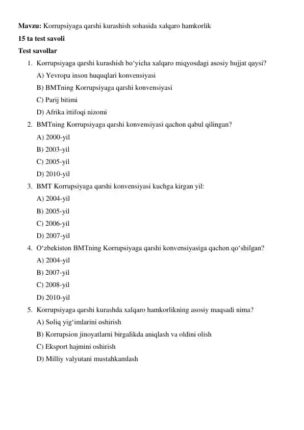 Korrupsiyaga qarshi kurashish sohasi test savollari