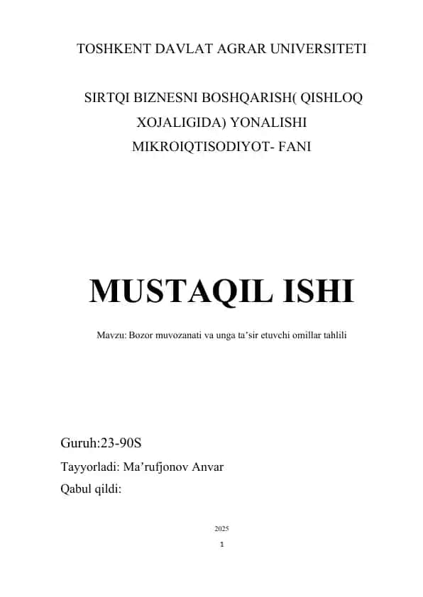 Bozor muvozanati va unga taʼsir etuvchi omillar tahlili