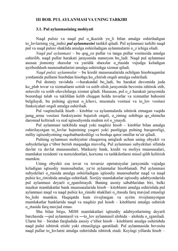 Pul aylanmasi va uning tarkibi