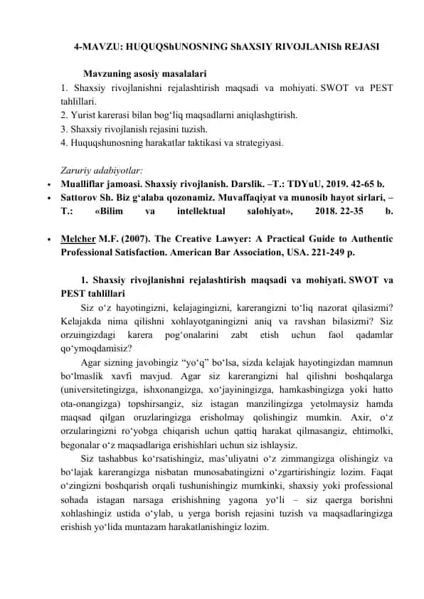 Huquqshunosning Shaxsiy Rivojlanish Rejasi