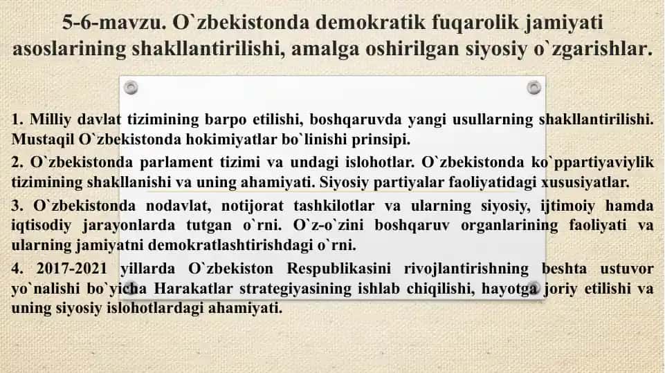 O`zbekistonda demokratik fuqarolik jamiyati asoslarining shakllantirilishi