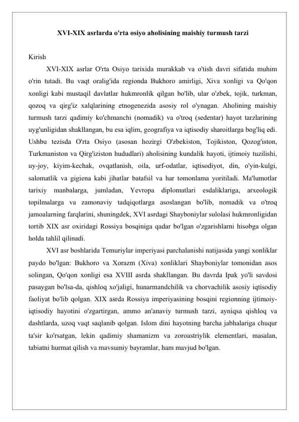 XVI-XIX asrlarda o'rta osiyo aholisining maishiy turmush tarzi tezis
