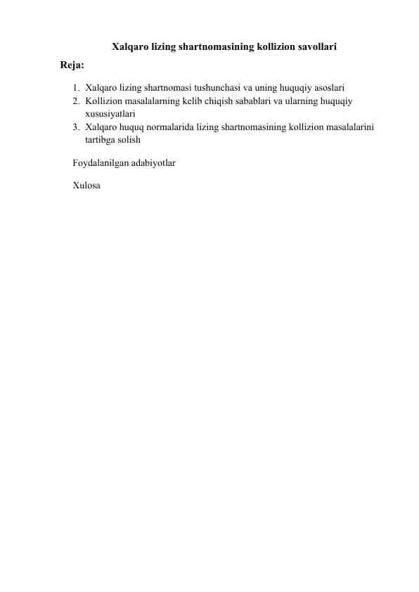 Xalqaro lizing shartnomasining kollizion savollari