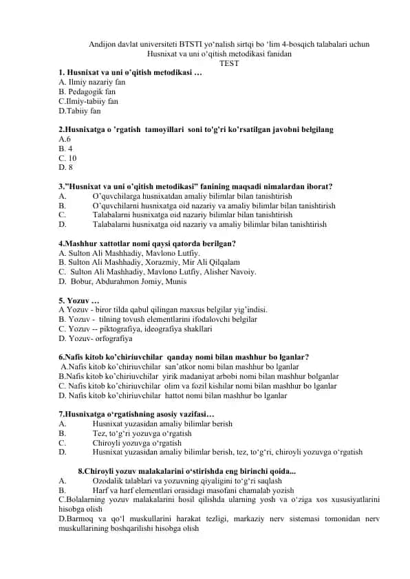 Husnixat va uni o’qitish metodikasi