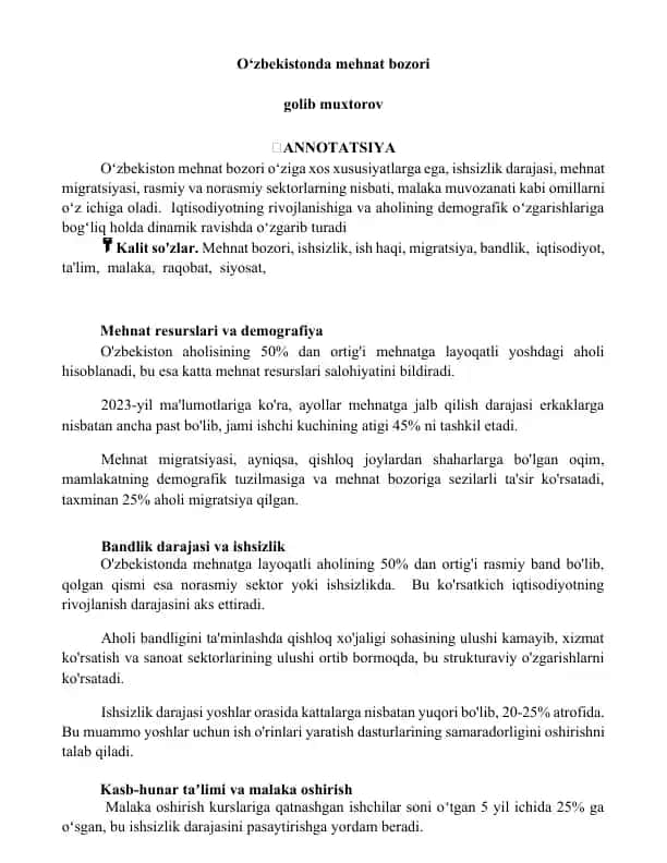 O‘zbekistonda mehnat bozori