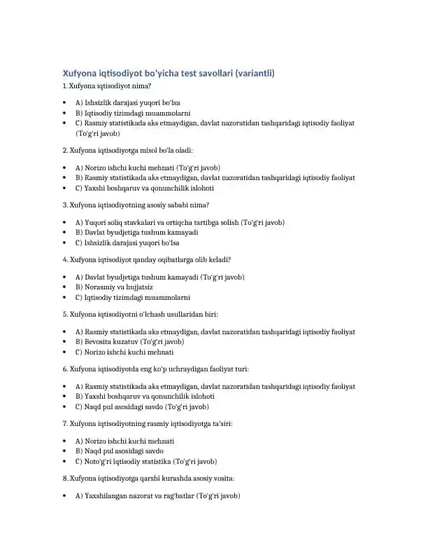 Xufyona iqtisodiyot bo‘yicha test savollari (variantli)