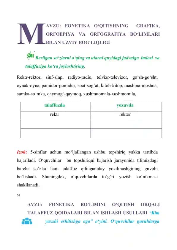fonetika - imlo, fonetika - talaffuz, leksikologiya, mustaqil so'zlar, yordamchi so'zlar, oraliqdagi so'zlar
