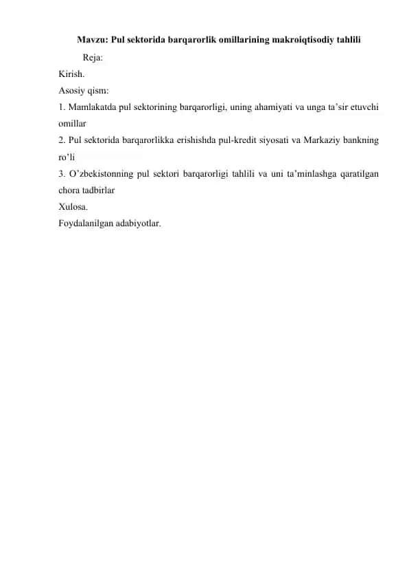 Pul sektorida barqarorlik omillarining makroiqtisodiy tahlili