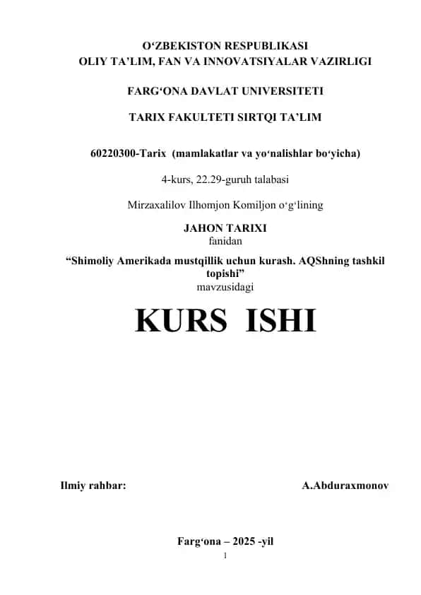 Jahon Tarixi Kurs Ishi