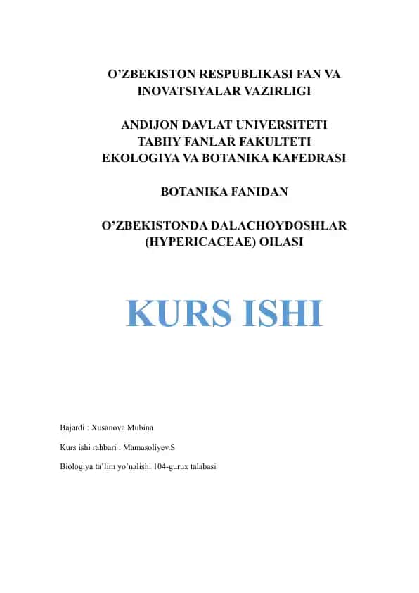 O’ZBEKISTONDA DALACHOYDOSHLAR (HYPERICACEAE) OILASI