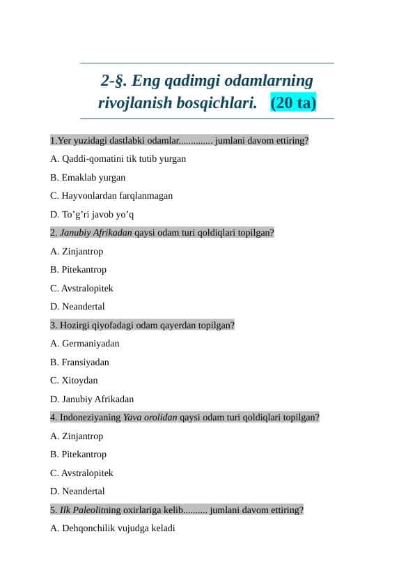 6-sinf tarix test mavzulashtrilgan javoblari bilan