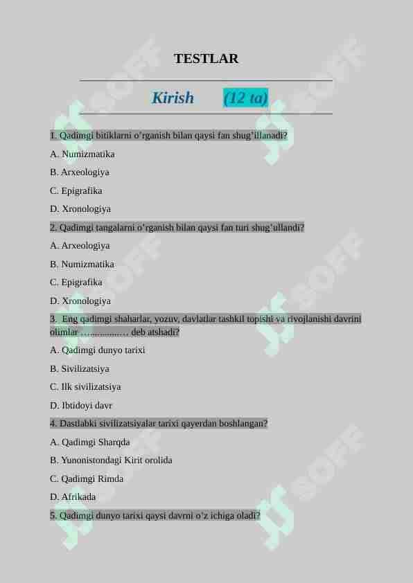 6-sinf tarix mavzulashtirilgan testlar