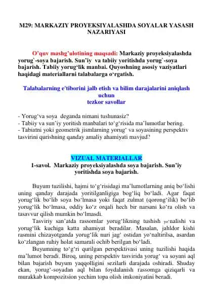 Markaziy proyeksiyalashda soya bajarish nazariyasi