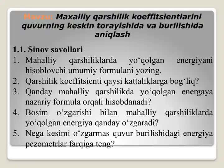 Mahalliy qarshilik koeffitsientlarini hisoblovchi formula