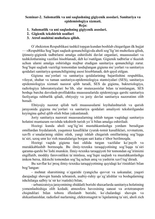 Salomatlik va uni saqlashning gigiyenik asoslari