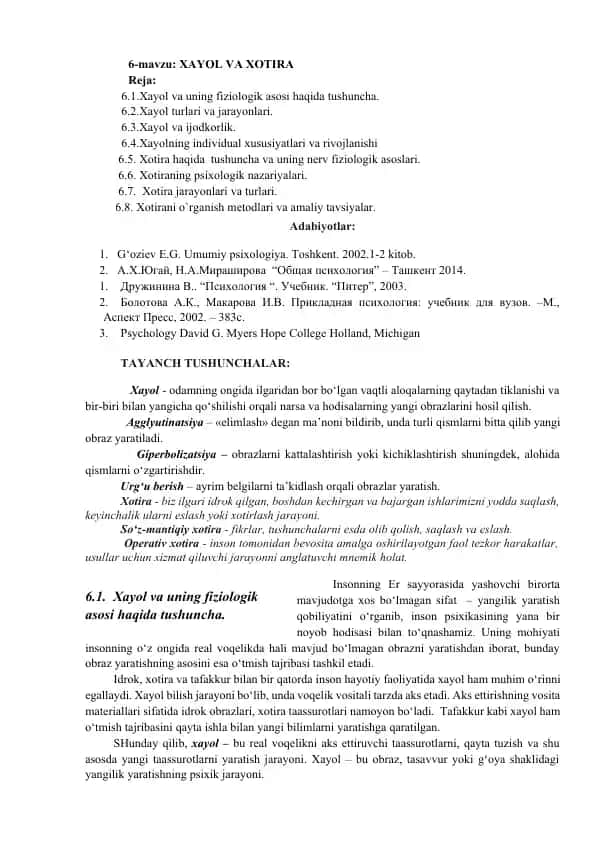 Xayol va Xotira