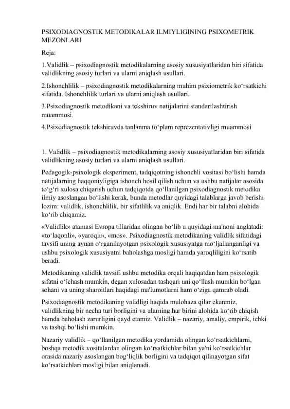 PSIXODIAGNOSTIK METODIKALAR ILMIYLIGINING PSIXOMETRIK MEZONLARI