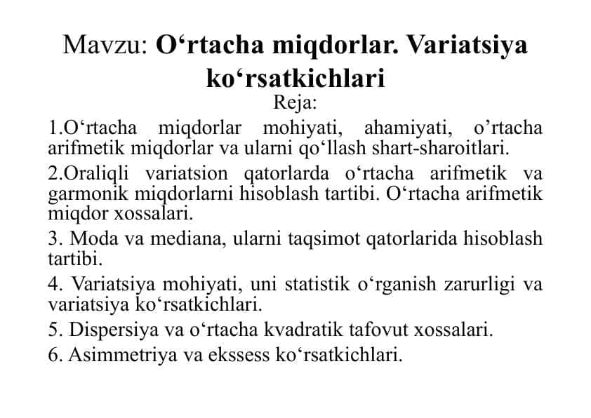 O‘rtacha miqdorlar va variatsiya ko‘rsatkichlari
