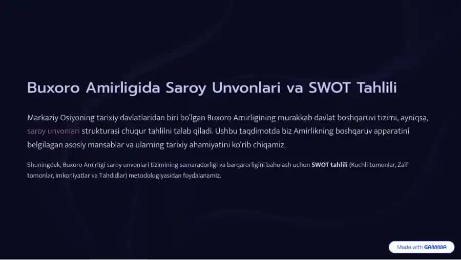 Buxoro Amirligida Saroy Unvonlari va SWOT Tahlili