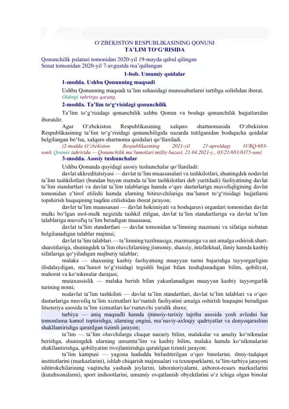 O‘ZBEKISTON RESPUBLIKASINING QONUNI TA’LIM TO‘G‘RISIDA