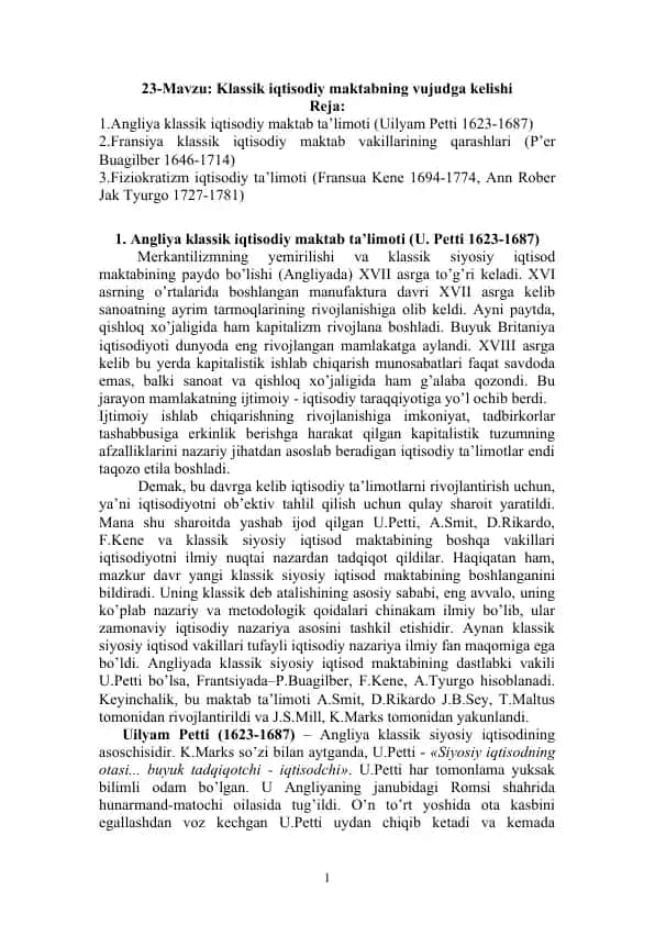 Angliya klassik iqtisodiy maktab ta’limoti